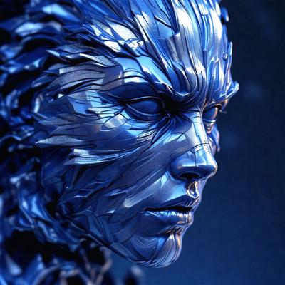 The primary subject of the image is a blue, metallic, robotic face with a mix of human and alien features. The setting is a dark, blue background that contrasts with the bright blue face. The visual style is a combination of digital art and illustration, creating a futuristic and intriguing appearance. The colors and mood of the image are predominantly blue, giving it a cool and mysterious atmosphere.